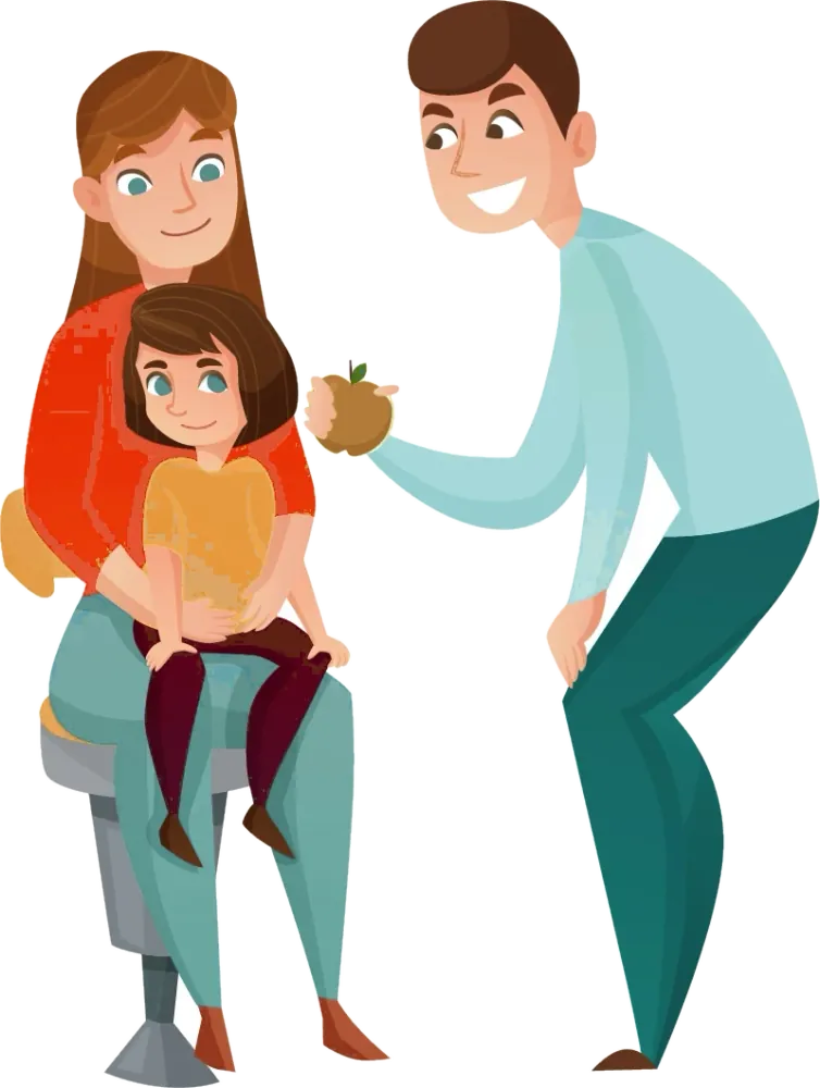Ouders met hun kind bij de tandarts, die een appel geeft