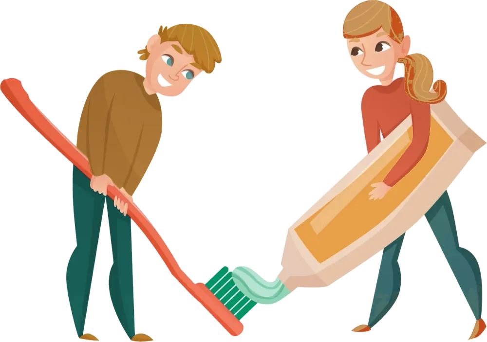 Twee kinderen met een grote tandenborstel en een tube tandpasta